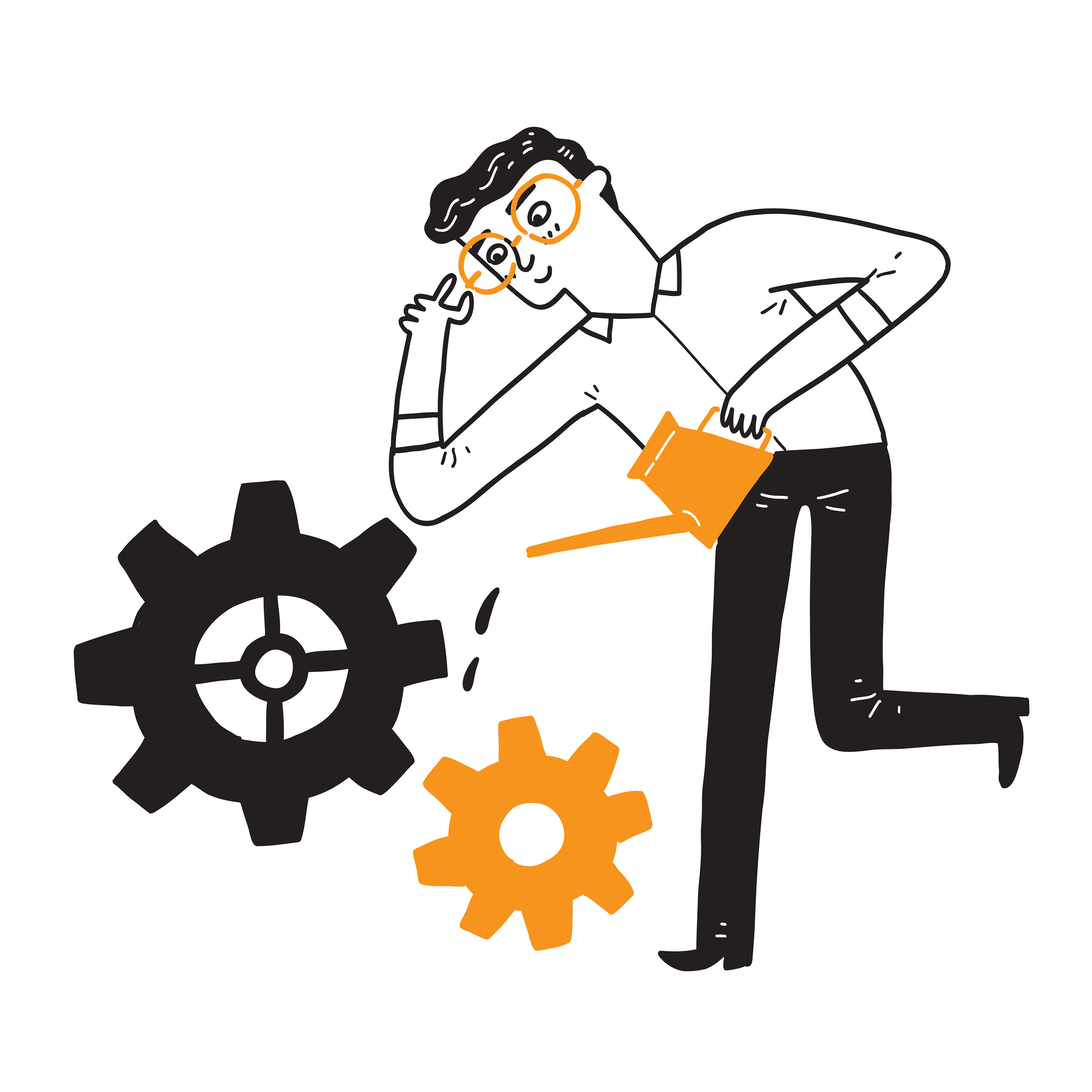 Ilustracja mężczyzny w okularach podlewającego zębatki, symbolizująca rozwój wiedzy, wsparcie techniczne i szkolenia.